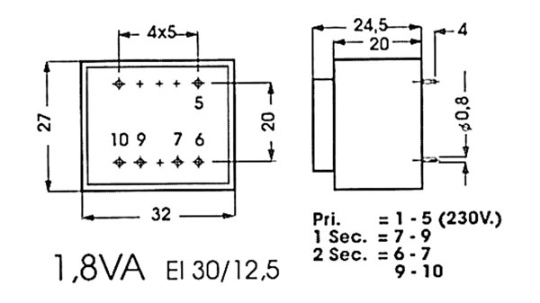 TRANSFORMADOR ENCAPSULADO 1.8VA 2 x 15V  2 x 0.060A