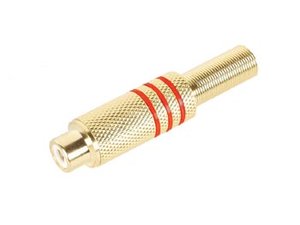 CONECTOR RCA METALICO HEMBRA DORADO CON ANILLO DE COLOR ROJO PARA CABLE DE 6mm