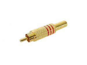 CONECTOR RCA METALICO MACHO DORADO CON ANILLO DE COLOR ROJO PARA CABLE DE 6 mm