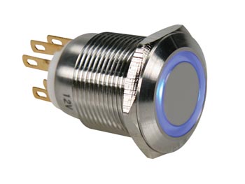 INTERRUPTOR REDONDO METAL METALICO SPDT 1NA 1NC ANILLO LUMINOSO  AZUL  19mm