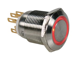 INTERRUPTOR REDONDO METAL METALICO SPDT 1NA 1NC ANILLO LUMINOSO  ROJO  19mm